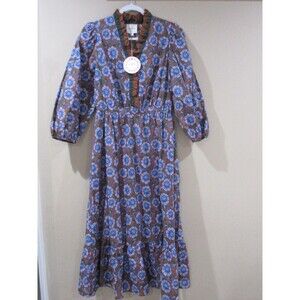 NWT UMGEE Boho Dress Women Med Brown/Blue Floral Long Sleeve MSRP 74.00